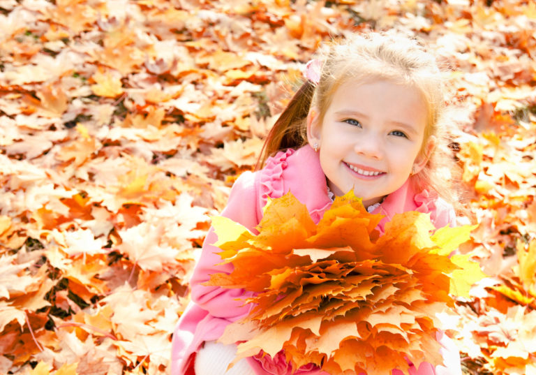 Autumn portrait of cute smiling little girl with maple leaves outdoor